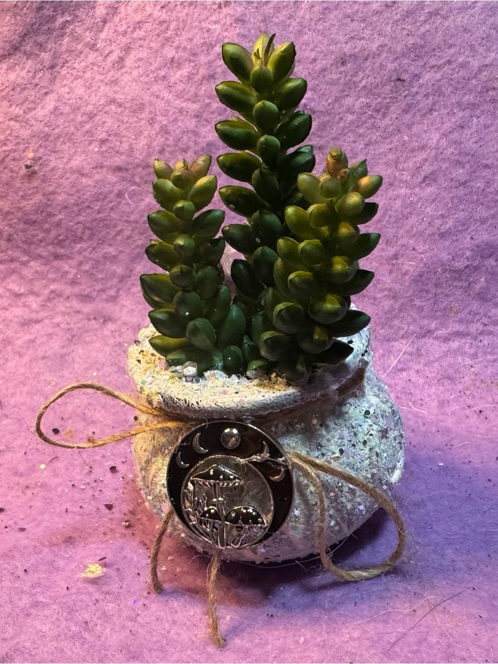 Green Faux Succulent in Decorative mini cauldron